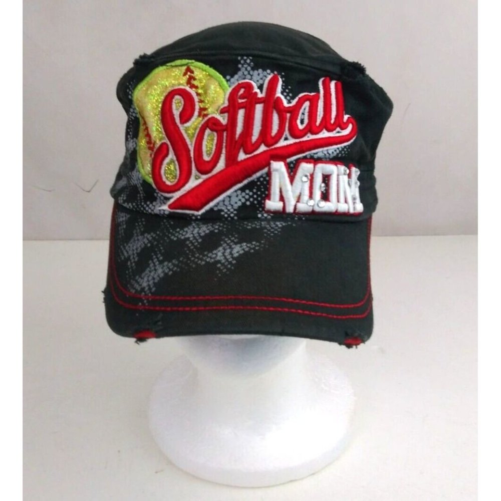 Pit Bull Softball Mom Women's Jeweled/Beaded Embroidered Adjustable Baseball Cap